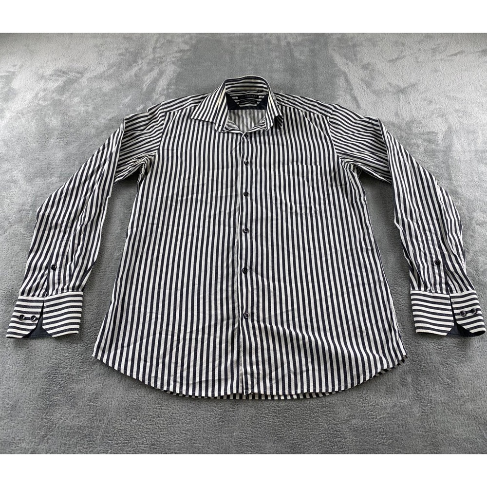 Gioveri Collezioni Mens Navy Blue White Striped Italian Fabric Dress Shirt 16 L